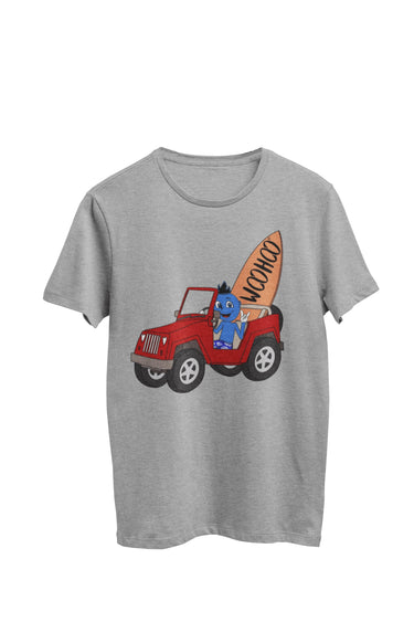 WooHooBerry cruising shirtless in a jeep towards the beach, carrying a surfboard that proudly displays 'WooHoo.' The gray T-shirt adds to the beachy and carefree atmosphere of the scene.